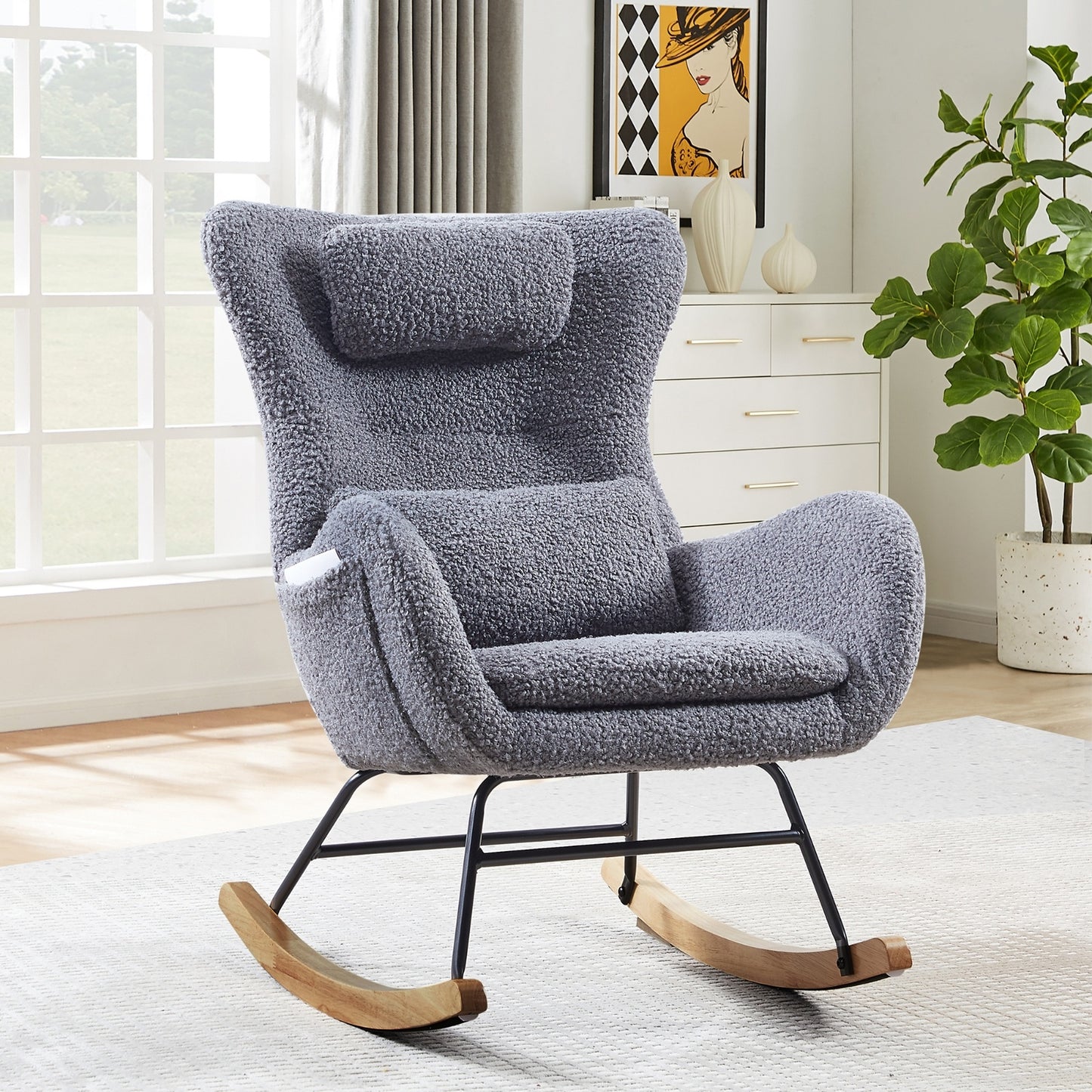 Nursery Rocking Chair With High Backrest - Gray