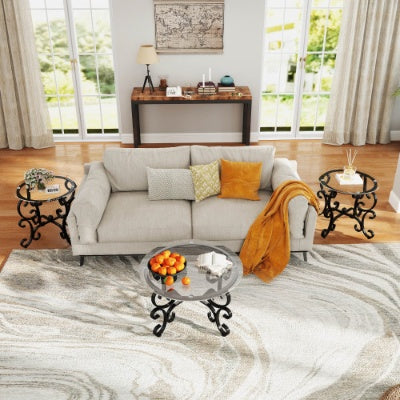 Tempered Glass Surface Coffee Table with Round End Side Tables - 3 Piece Set