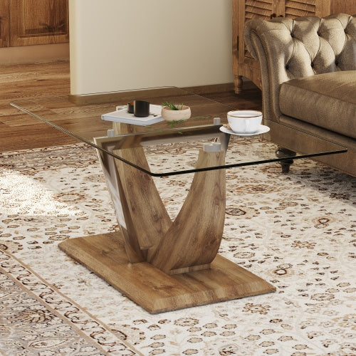 Modern Minimalist Transparent Tempered Glass Coffee Table With Marble Patterned MDF Legs And Stainless Steel Decorative Columns