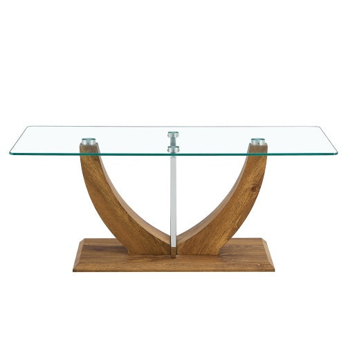 Modern Minimalist Transparent Tempered Glass Coffee Table With Marble Patterned MDF Legs And Stainless Steel Decorative Columns