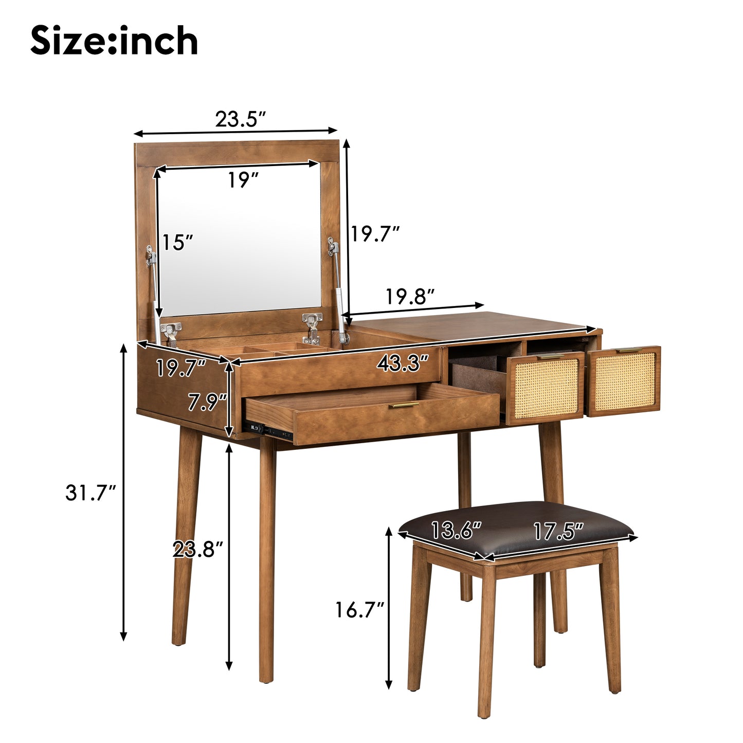 43.3 Inch Classic Wooden Makeup Vanity Set