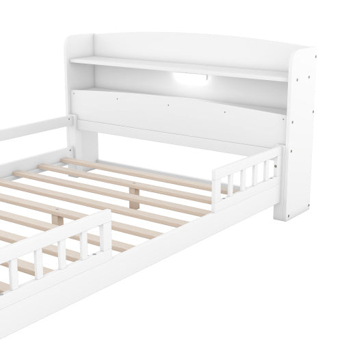 Wood Platform Bed With Built-in LED Light, Storage Headboard and Guardrail - Full Size - White
