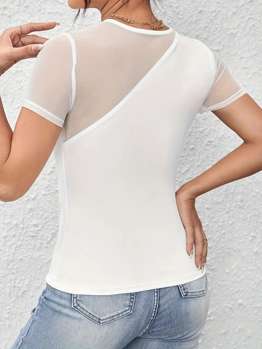 Solid Color Short Sleeved Mesh Splicing Shirt