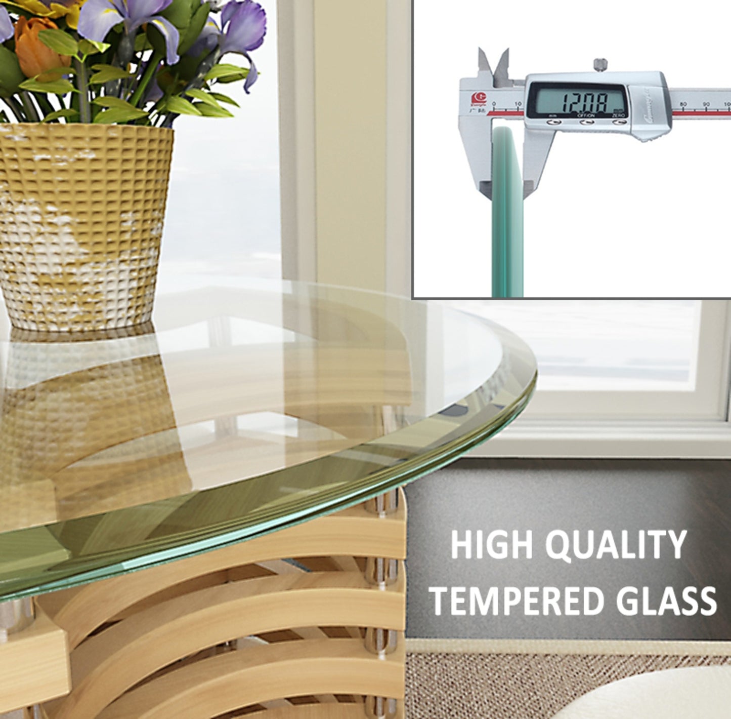 Beveled Polished Edge Round Tempered Glass Table