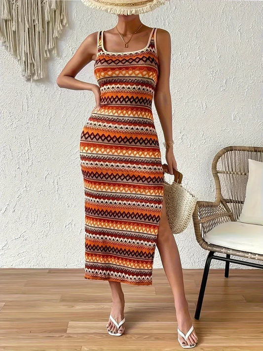 Slit Square Neck Wide Strap Midi Dress