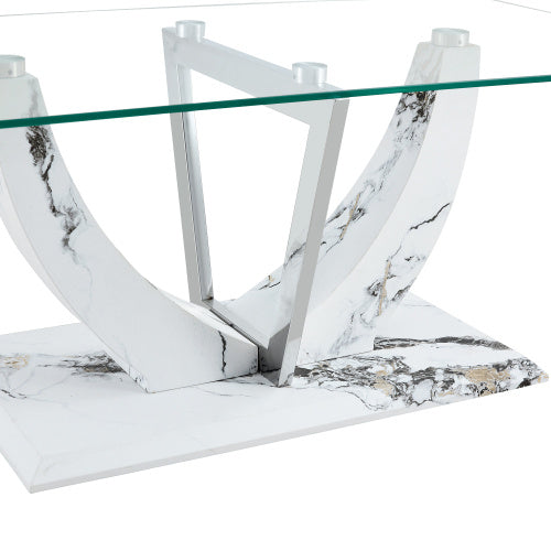 Transparent Tempered Glass Coffee Table With Marble Patterned MDF Legs And Stainless Steel Decorative Columns