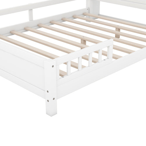 Wood Platform Bed With Built-in LED Light, Storage Headboard and Guardrail - Full Size - White
