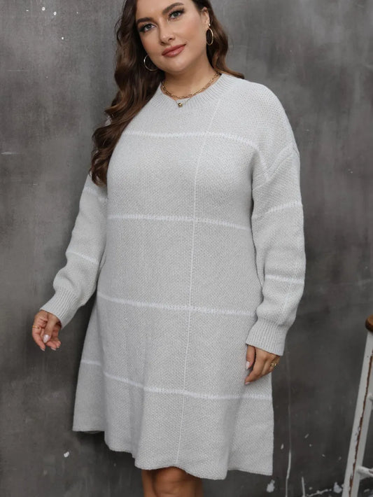 Round Neck Long Sleeve Sweater Dress - Plus Size