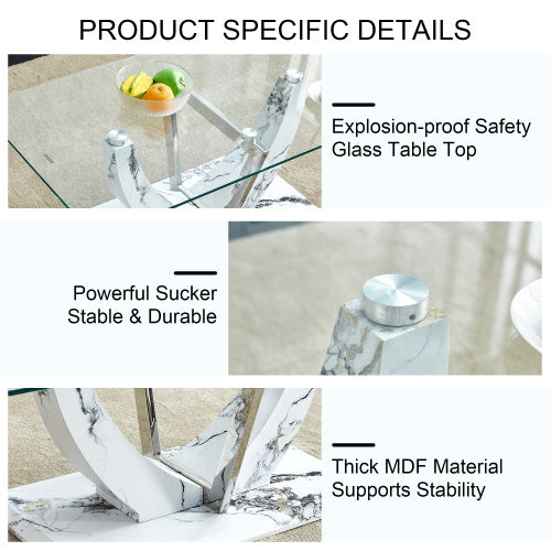 Transparent Tempered Glass Coffee Table With Marble Patterned MDF Legs And Stainless Steel Decorative Columns
