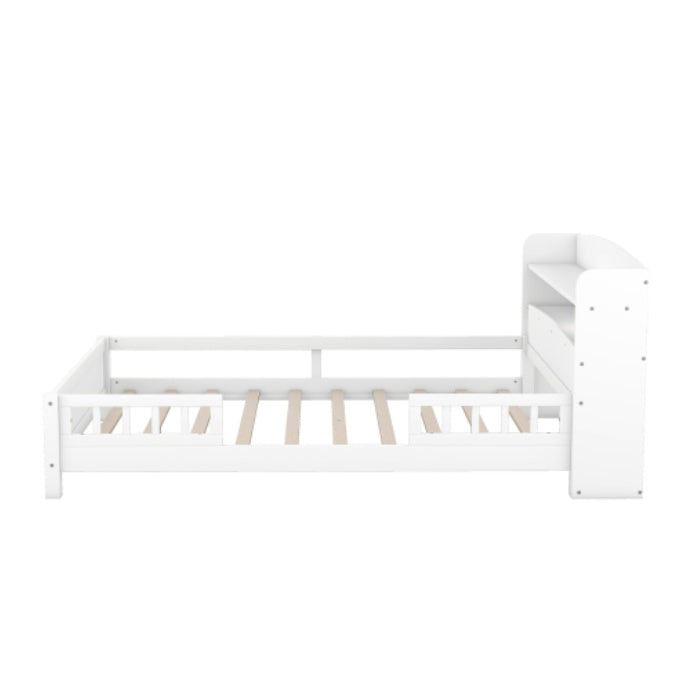 Wood Platform Bed With Built-in LED Light, Storage Headboard and Guardrail - Full Size - White