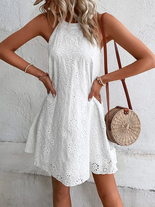 Eyelet Grecian Neck Halter Dress