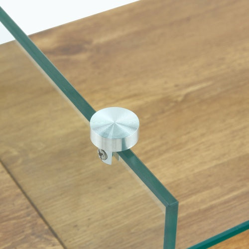 Clear Tempered Glass And Natural Wood Grain Coffee Table with Drawer