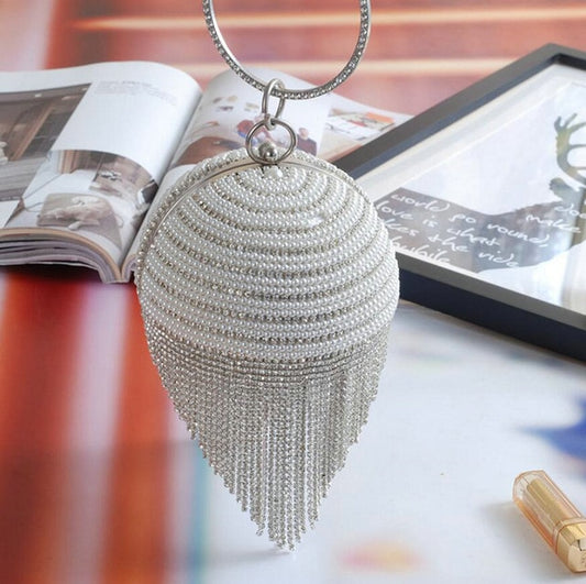 Diamond Tassel Pearl Beaded Clutch