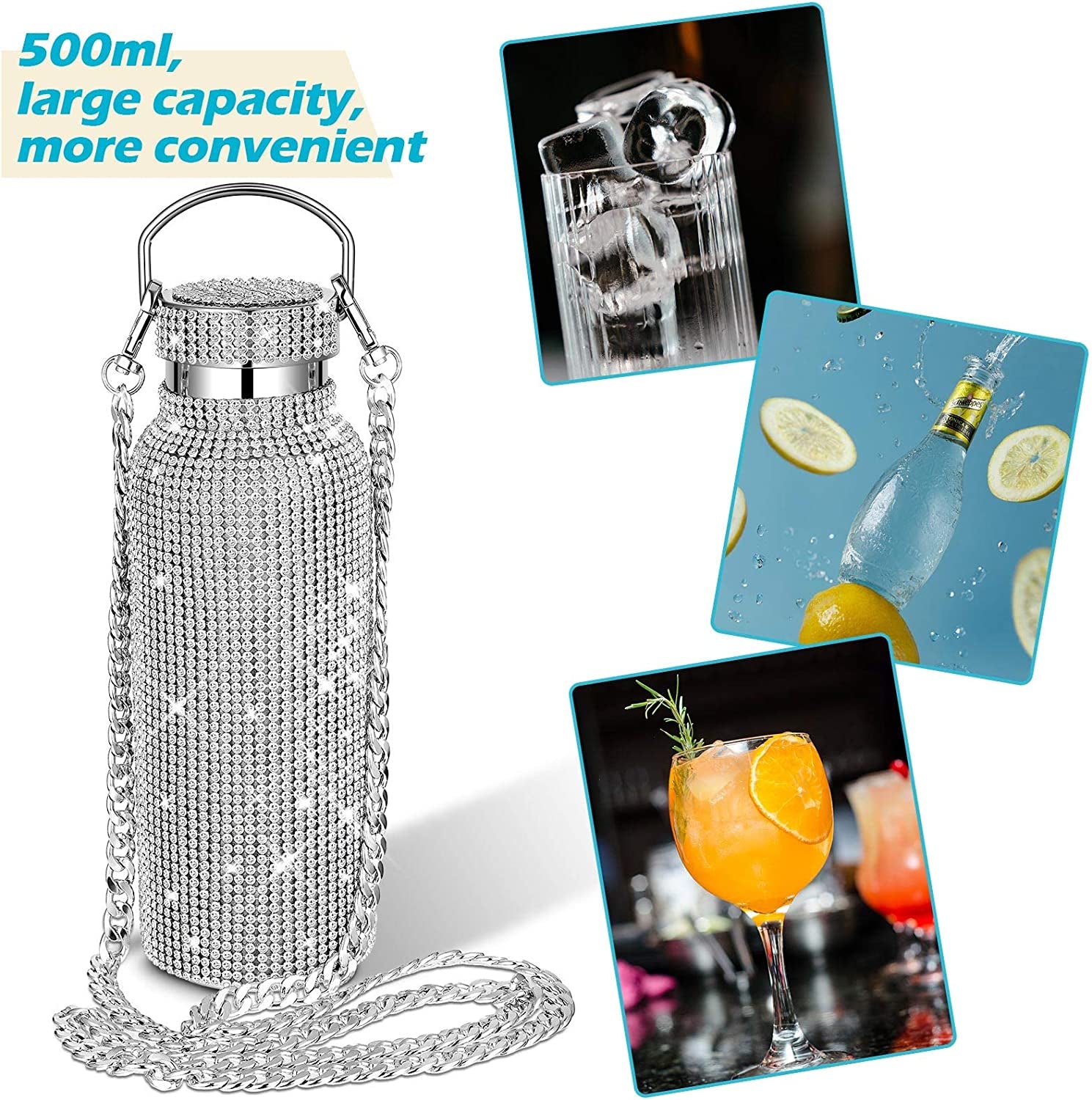 Diamond Water Bottle Bling Rhinestone Stainless Steel Thermal Bottle Refillable Insulated Glitter Water Jug with Chain for Women Girls Gifts(500 Ml,Silver)