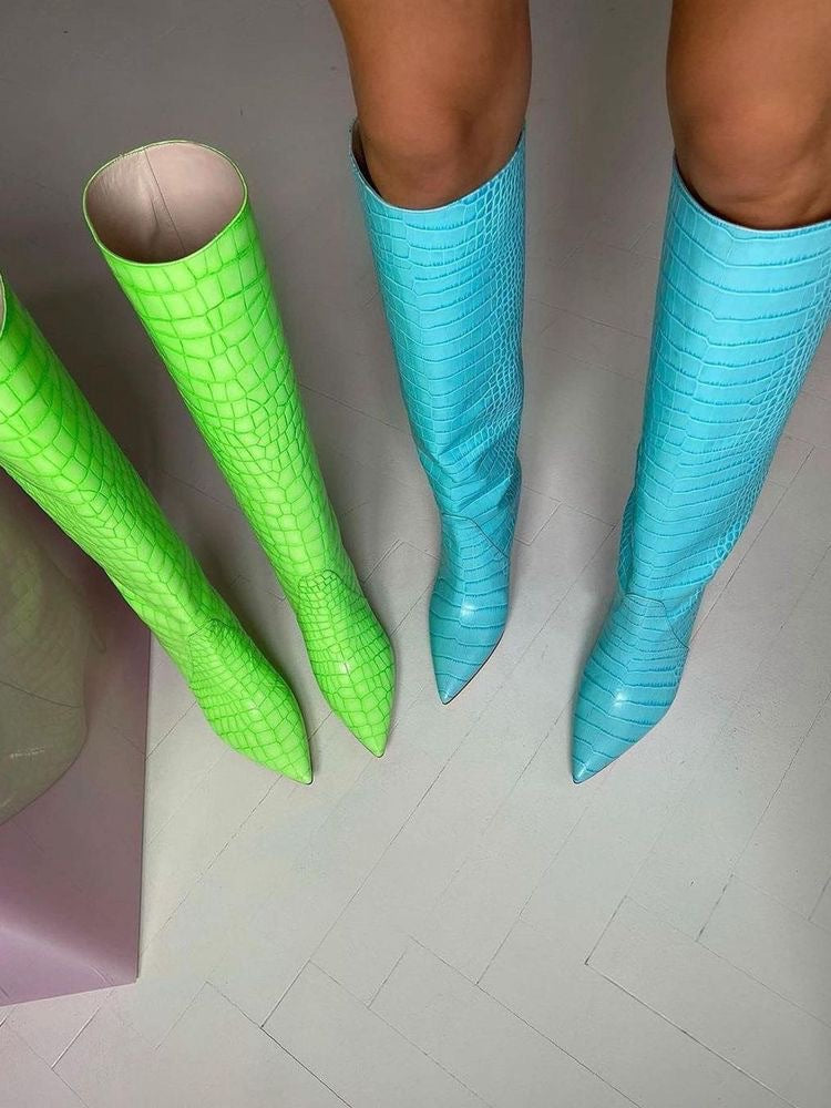 Pointed Toe Crocodile Pattern Knee High Boots
