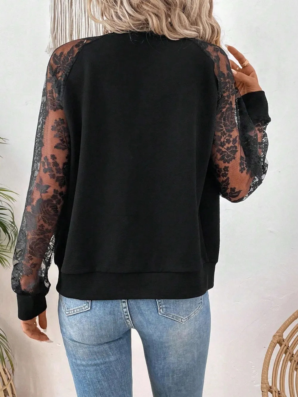 Lace Sleeve Baseball Collar Zip Up Jacket