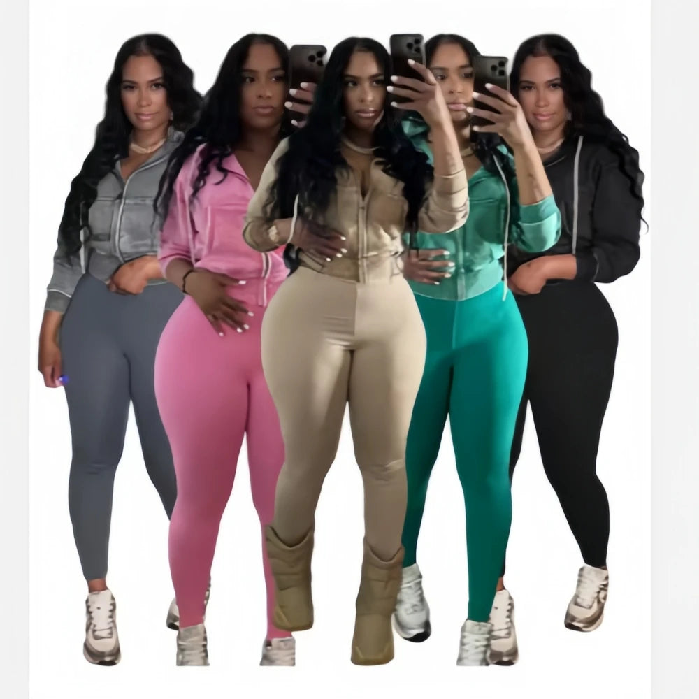 FAGADOER Washed Hooded Crop Top And Skinny Pants Outfits 2PCS Set