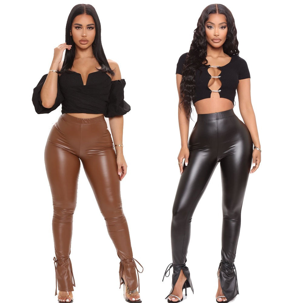 High Waist Side Split Faux Leather Pants