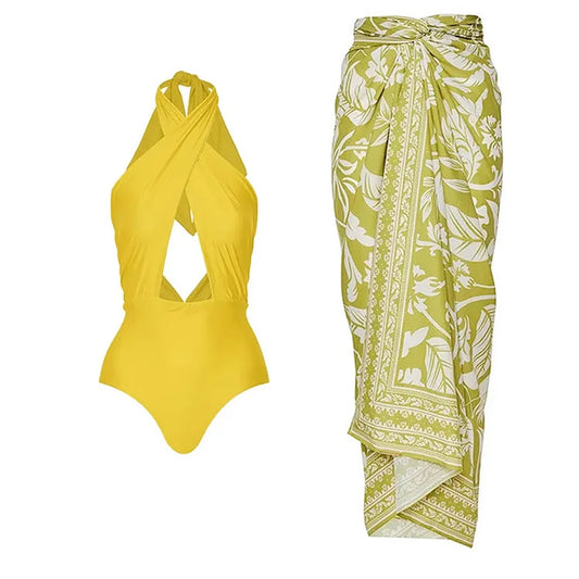 Cross Neck Hollow One-Piece Swimsuit Set