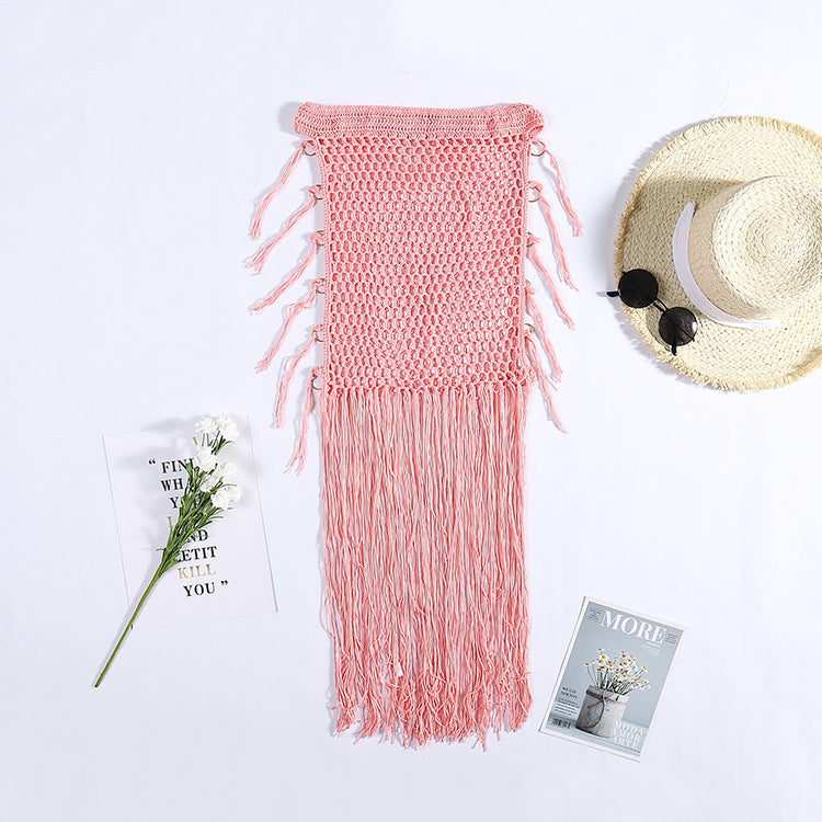 Woven Hip Skirt with Hollowed out Long Tassel Cover Up