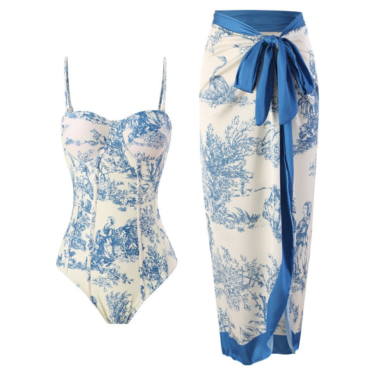 Floral One-Piece Spaghetti Strap Swimsuit Set