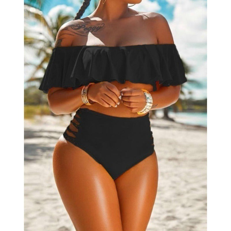 Off Shoulder Ruffle Edge Two-Piece Bikini - Plus Size