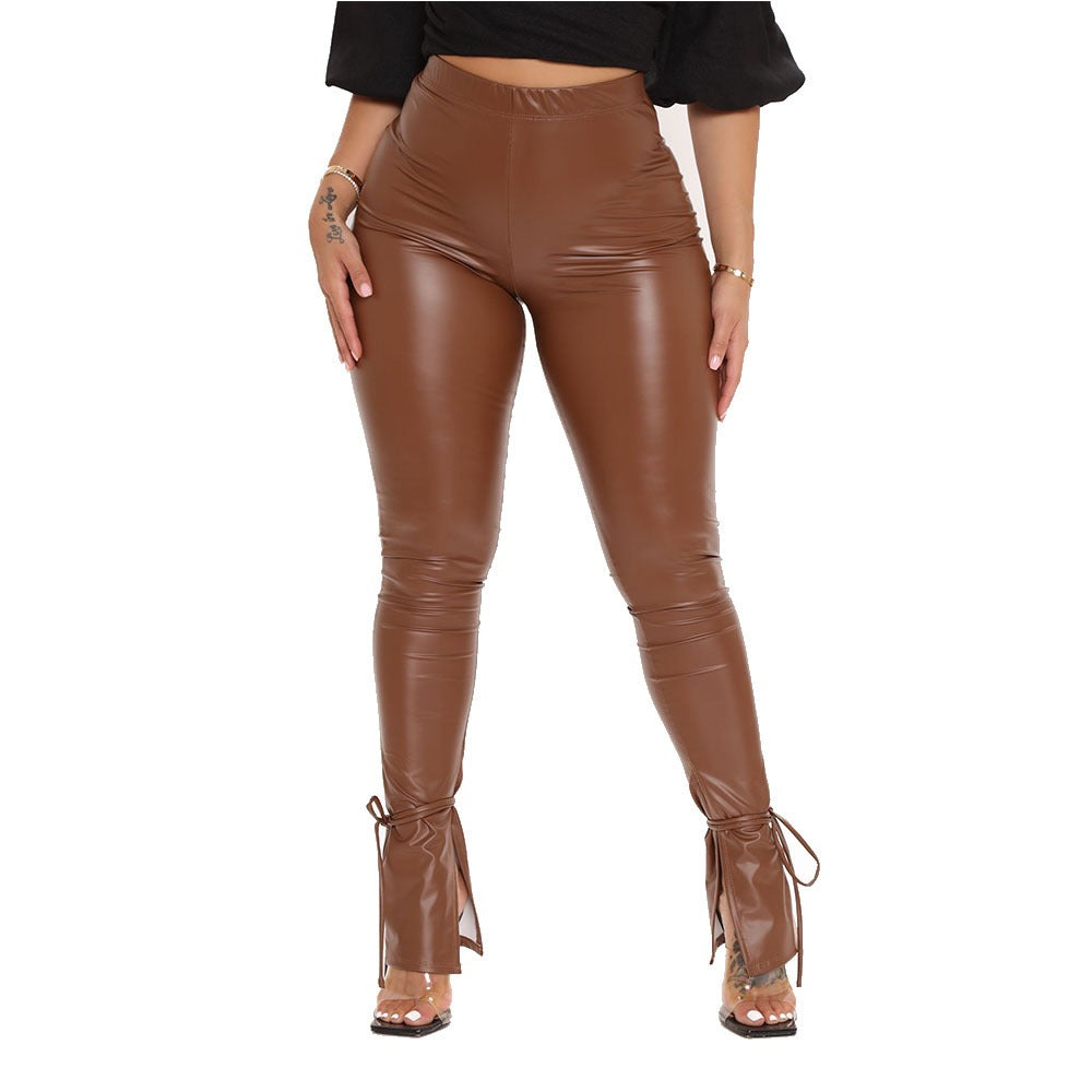 High Waist Side Split Faux Leather Pants