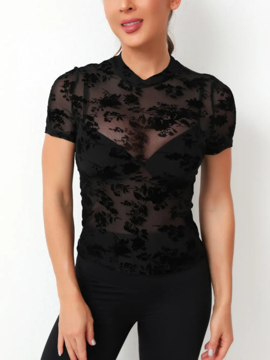 Mock Neck Short Sleeve Lace Blouse