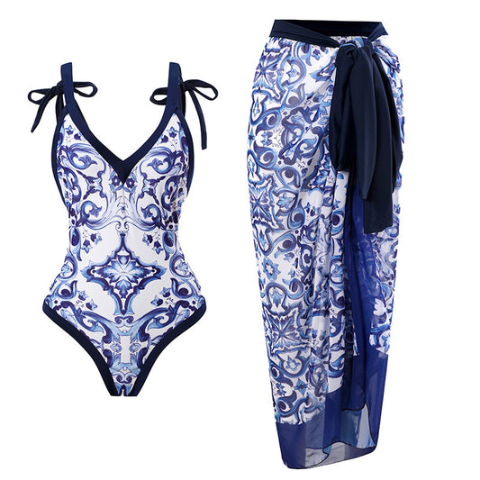 One-Piece Shoulder Tie Swimsuit Set