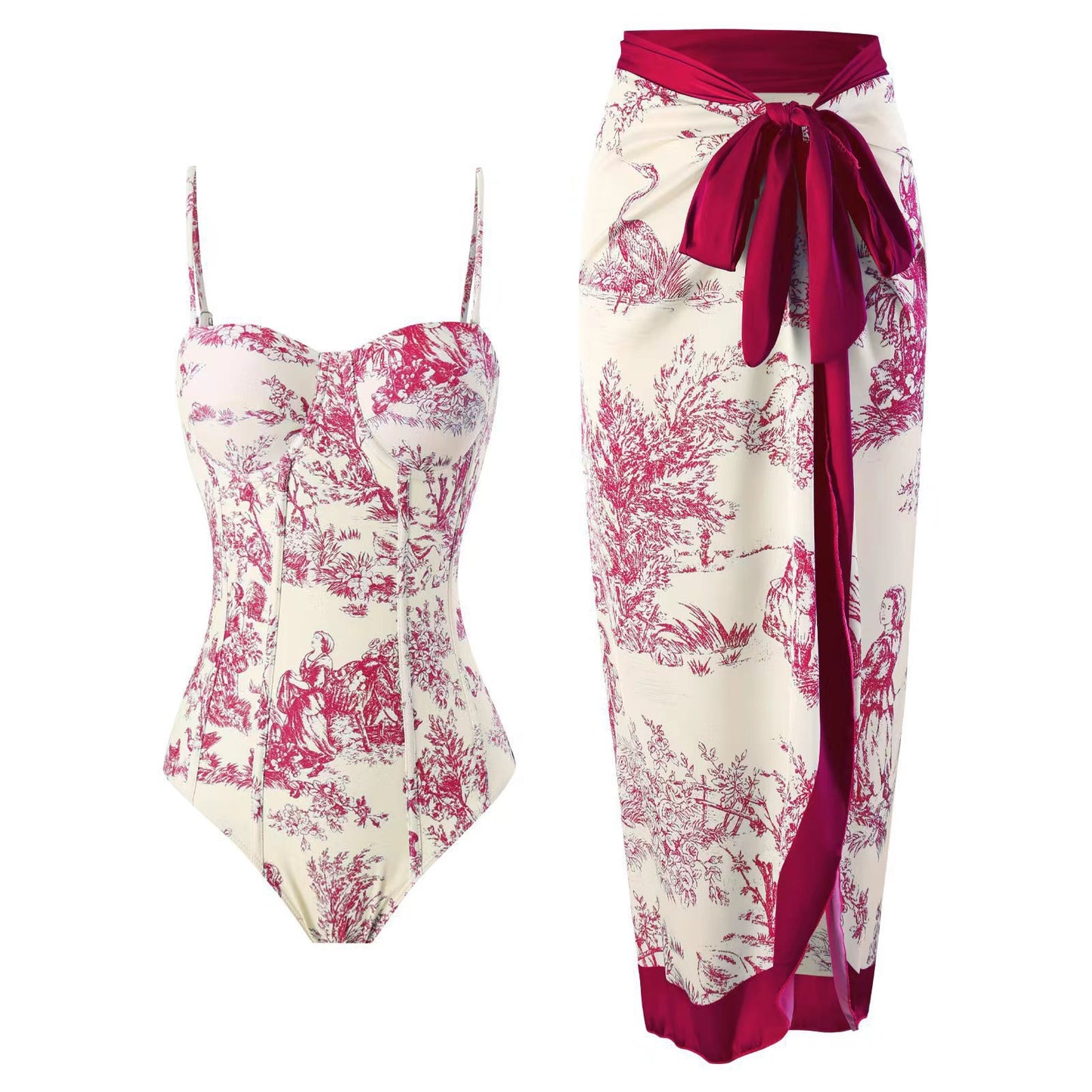 Floral One-Piece Spaghetti Strap Swimsuit Set