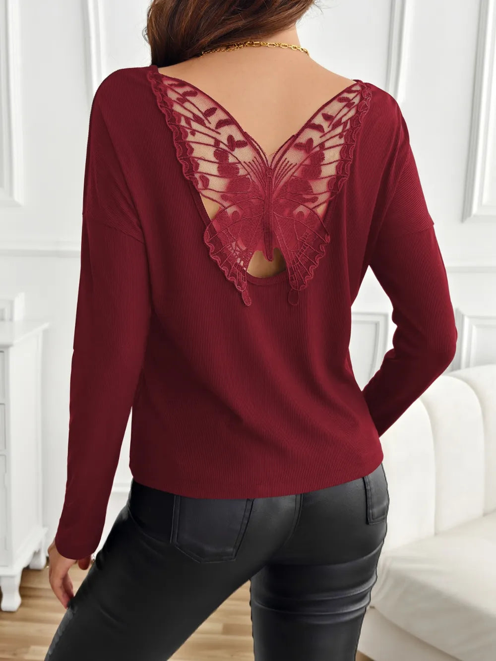Back Patchwork Butterfly Ribbed Long Sleeved Shirt