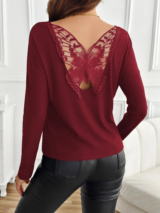 Back Patchwork Butterfly Ribbed Long Sleeved Shirt