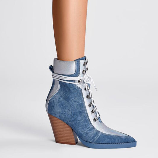 Denim Lace Up Chelsea Pointed Toe Thick High Heels