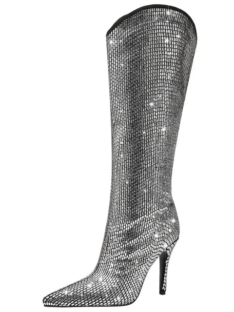 Pointed Toe Sequins High Heel Long Boots