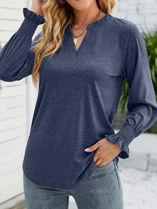 Notched Long Sleeve Blouse