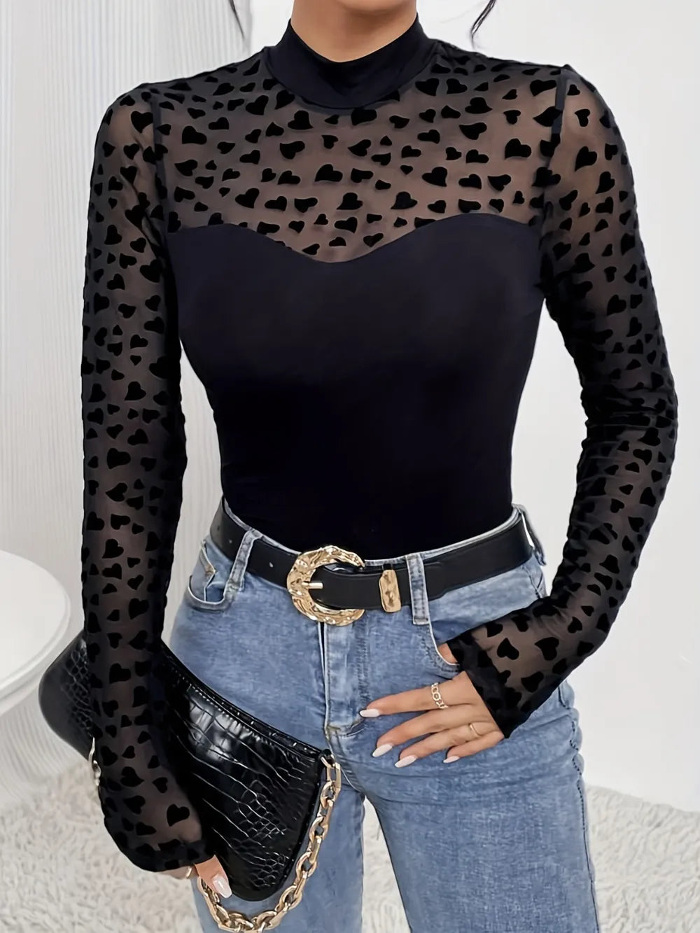 Heart Mock Neck Long Sleeve Blouse
