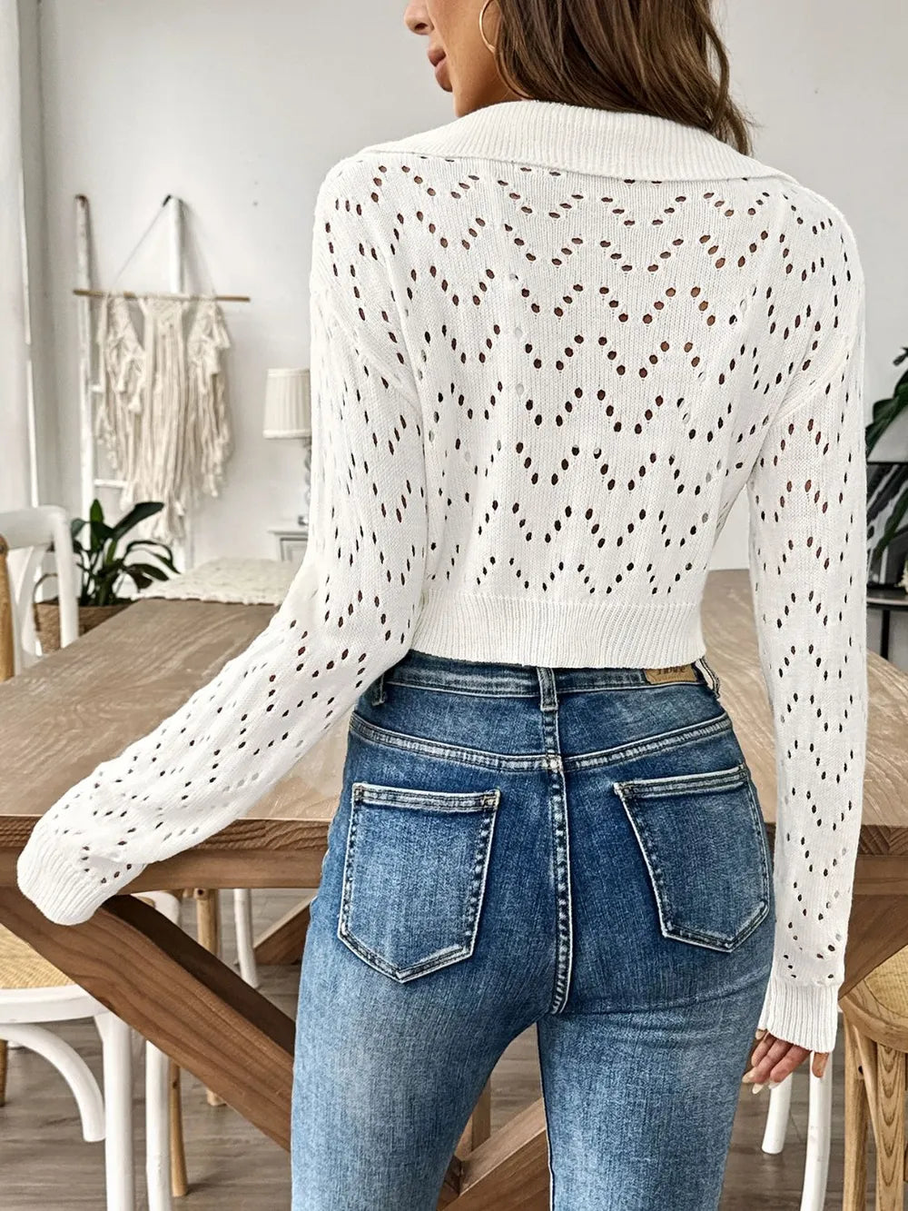Polo Collar Hollowed Crop Top Sweater