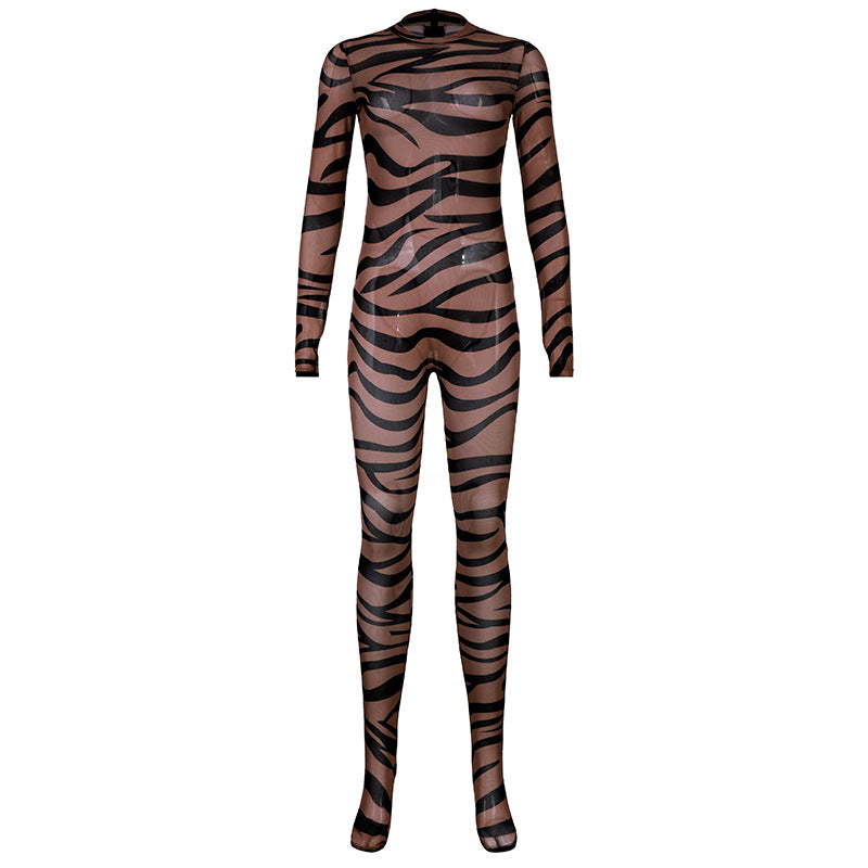Striped Printed Mesh Transparent Jumpsuit