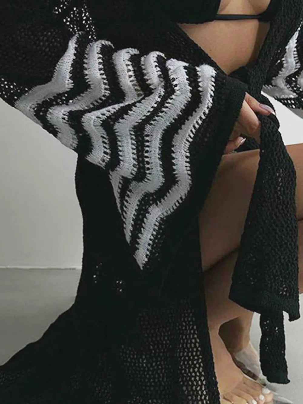 Striped Sleeve Knitted Bikini Cover Up