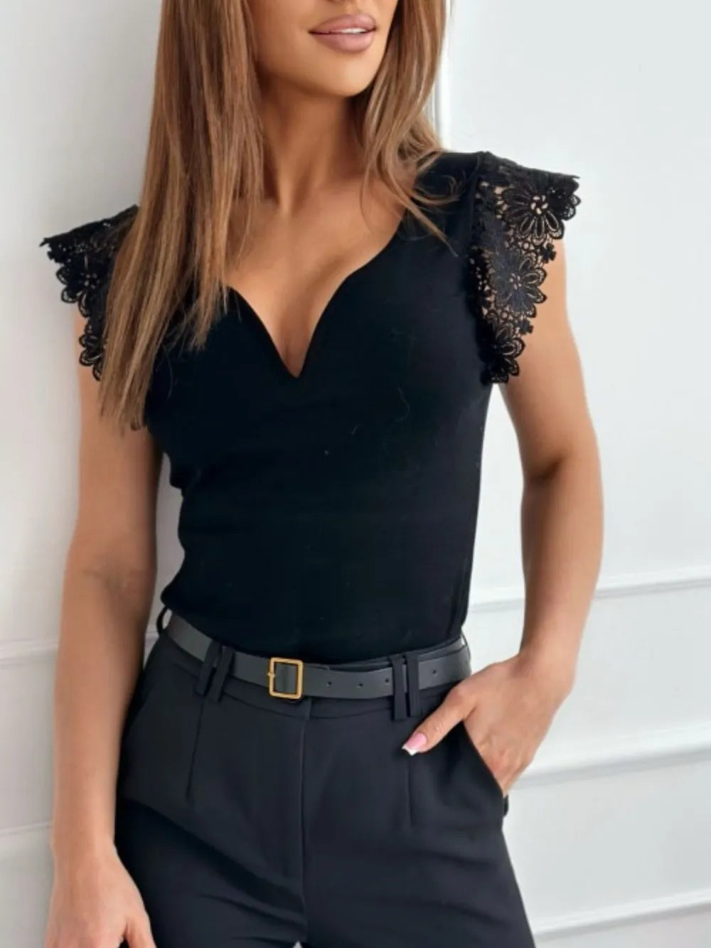 Lace Detail Sweetheart Neck Cap Sleeve Shirt