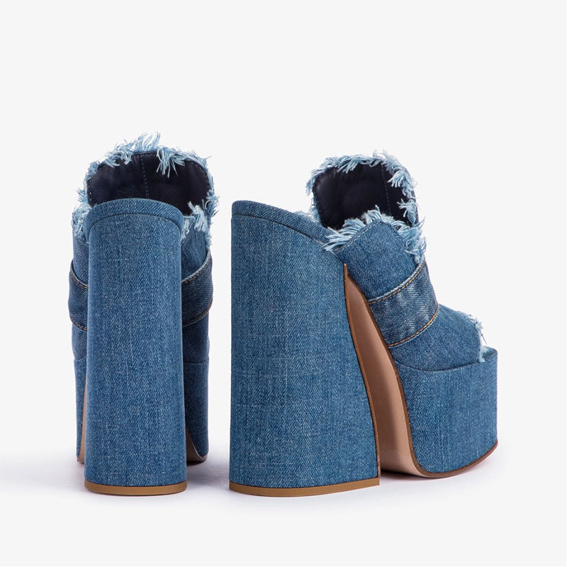 Denim Fish Mouth Thick Platform Heels