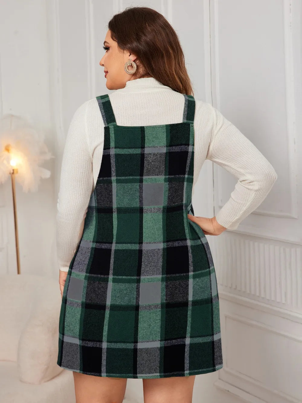 Plaid Wide Strap Overall Dress - Plus Size