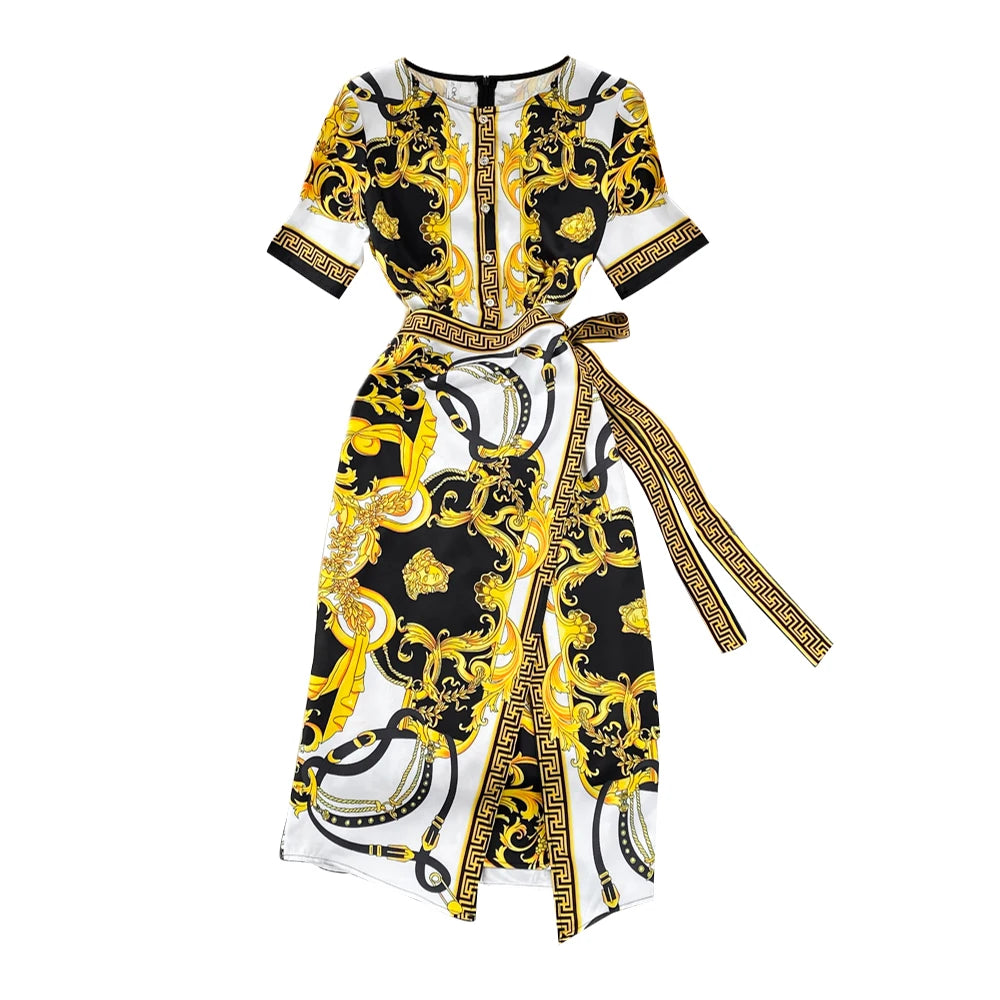 O-Neck Asymmetric Tunic Slim Empire Printed Lace Midi Dress