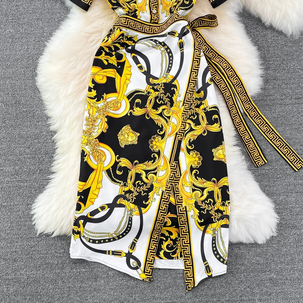 O-Neck Asymmetric Tunic Slim Empire Printed Lace Midi Dress