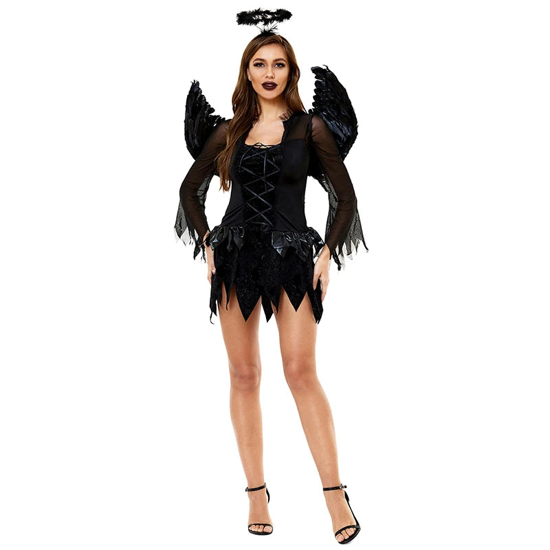 Black Angel Fairy Feather Wing Fantasy Dress Halloween Costume