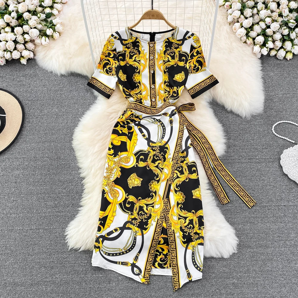 O-Neck Asymmetric Tunic Slim Empire Printed Lace Midi Dress