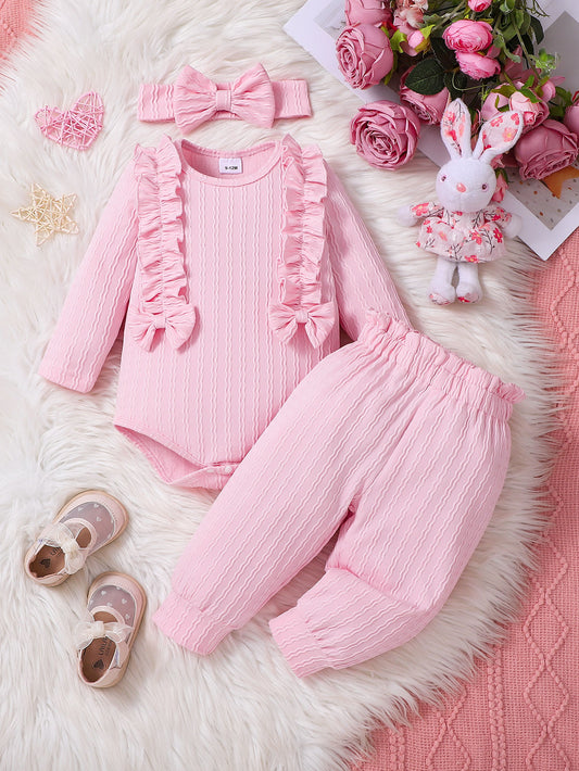 Ribbed Frill Long Sleeve Romper And Pants Suit With Headscarf 3 Piece Set