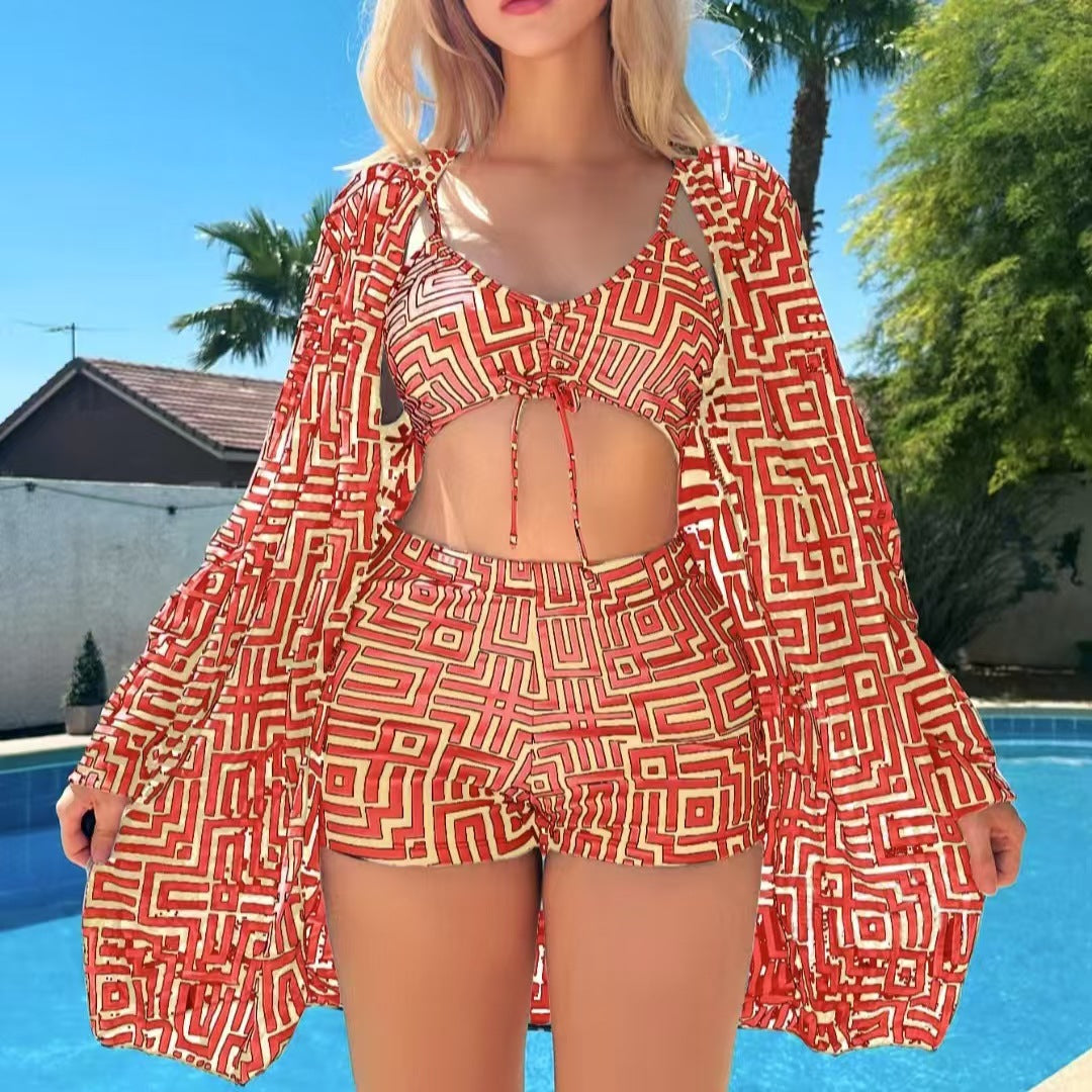 Plaid Printed Split Three-Piece Swimsuit - Plus Size