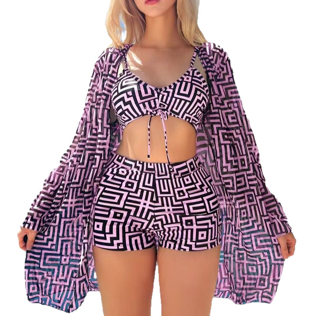 Plaid Printed Split Three-Piece Swimsuit - Plus Size