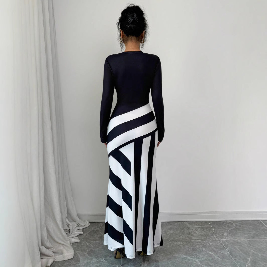 Asymmetric Neckline Irregular Stripes Dress